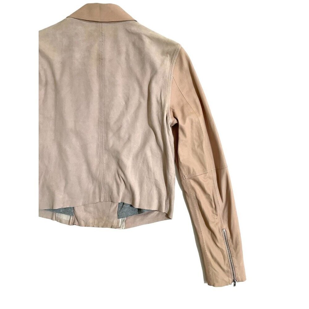 Paige Silvie Leather Moto Jacket Cropped Trim Pink Suede Leather Sz M - Picture 14 of 16